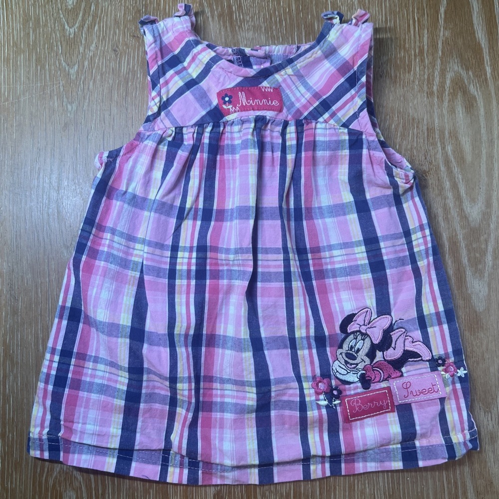 Vintage Disney Minnie Mouse Pink Plaid Cotton‎ Dress sz 6-9 months Bows
